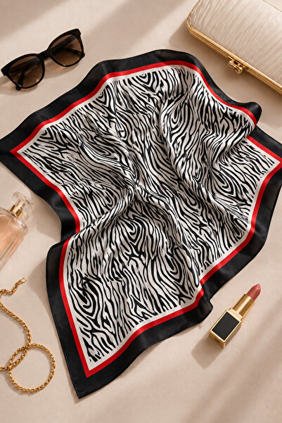 OUS Kadın Siyah Beyaz Zebra Desenli 70x70 cm Saten Fular, İpeksi Dokulu Kare ...