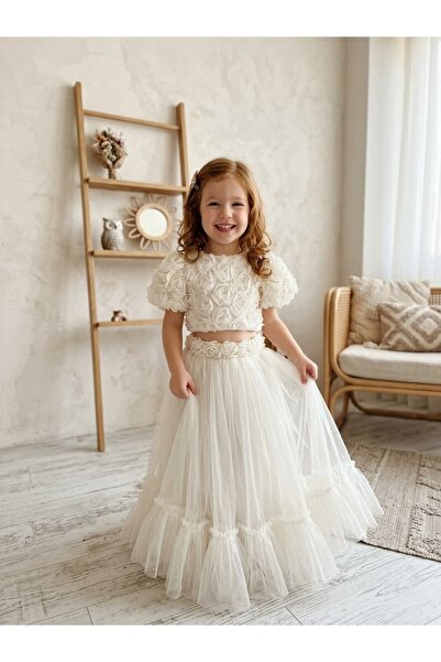 Pinkitokids Girl's Rose Embossed Detail Crop Skirt Set-Ecru