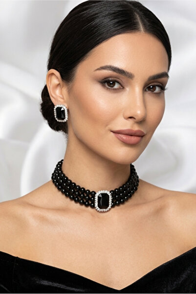 Happyline Baget Taşlı Siyah İncili Choker Kolye, Siyah Cam İncili Kolye , İnc...