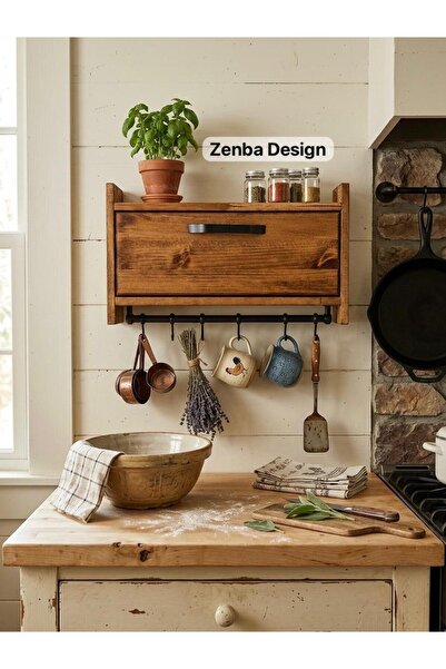 Zenba Design Ahşap Askılıklı Mutfak Rafı Baharatlık Kupalık
