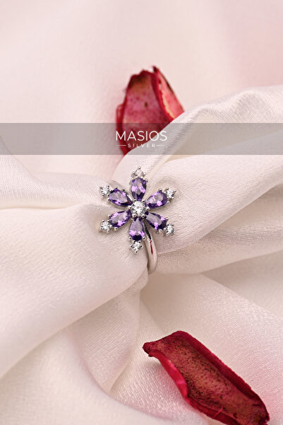 Masios Silver 925 Ayar Ametist Taşlı Rodyum Lotus Çiçeği Ayarlanabilir Gümüş ...
