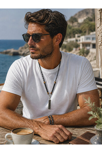 magıcgrange Men's Power-Will Necklace – Tiger's Eye Natural Stone, Black Crys...