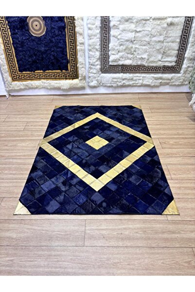 SANCAK DERİ HALI LÜKS GOLD DETAYLI LACİVERT DANA DERİ HALI