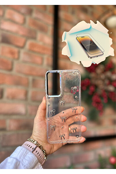 Samsung Galaxy A16 ve A26 Uyumlu Şeffaf Simli Gümüş Fiyonk Detaylı Kılıf + Kırılmaz Cam Hediyeli