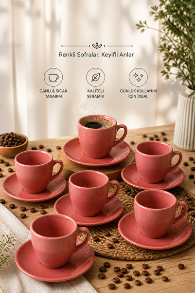 Karçiçeği Home 6’lı Somon Renk Keramika Türk Kahvesi Fincan Takımı – Modern T...