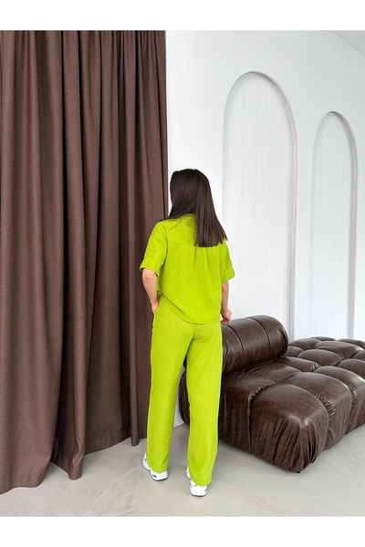 DAME Pantaloni de damă cu talie înaltă și buzunar frontal - Set cămașă cu un singur buzunar și pantaloni din in
