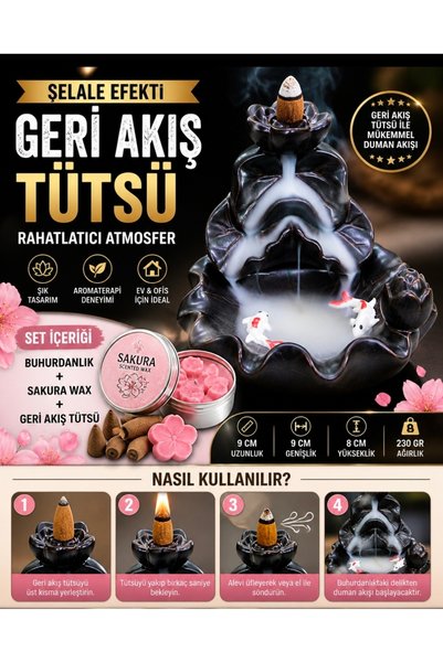 KOLAYEV Geri Akış Tütsü Buhurdanlık Şelale Model Seramik + Sakura Wax Seti De...