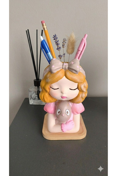 ps_studio.handmade Dekoratif Kız Figürlü El Boyaması Kalemlik ve Masa Üstü Ob...