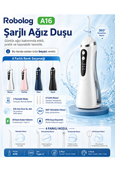 ROBOLOG Ağız Duşu Premium Şarj Edilebilir 4 Başlıklı Taşınabilir Diş Protez A...