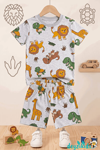 Deyzikids Aslan Kaplumbağ Karekter Baskılı Kısa Kollu Bisiklet Yaka Beli Last...
