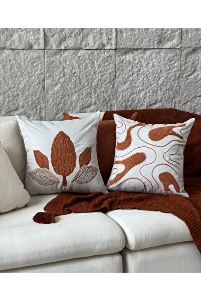 Diva Home 4-Piece Special Design Embroidered 2 Plain Tan Colors 2 Tan Pine Co...