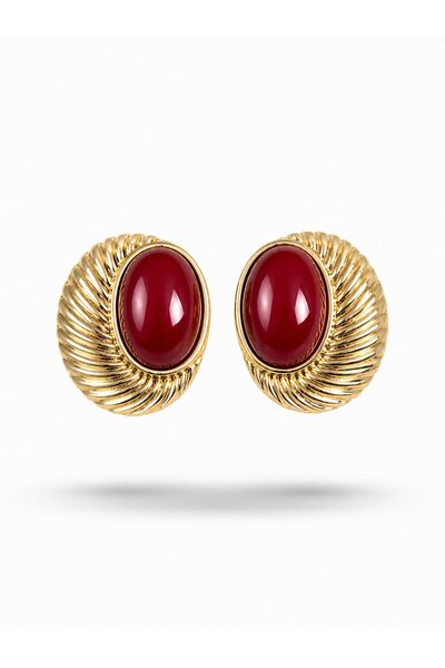 serelya Brass Gold Color Burgundy Beaded Oval Vintage Women Earrings