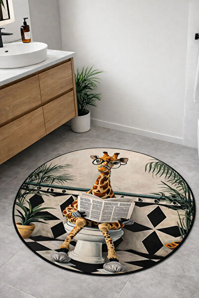 PINKIE HOME Dijital Kaymaz Yıkanabilir Yuvarlak Zürafa Modern Salon Halısı Mu...