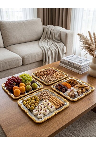 Marla Life Lüks Altın Detaylı Kare Servis Tepsisi 4’lü Set – Gümüş İç Yüzey, ...