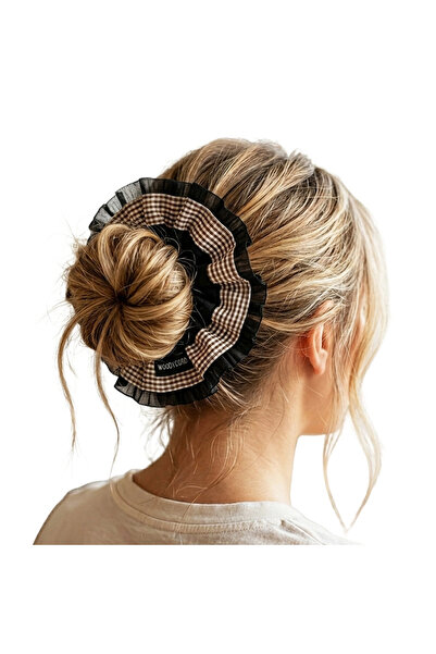 woodycord Handmade Voluminous Scrunchie Bun Clip with Plaid Ruffle Design