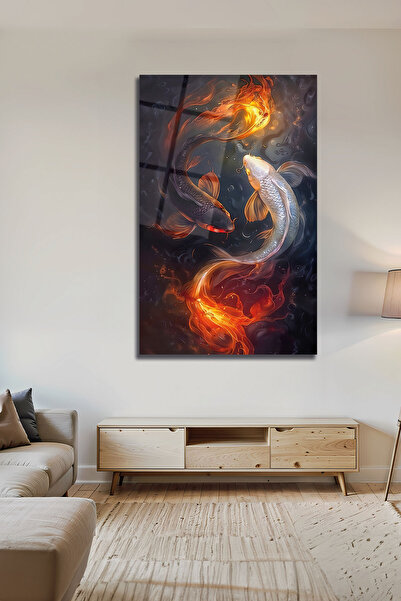 Parıltı Yayınları Yin Yang Koi Balığı Cam Tablo Modern Ateş ve Su Temalı Deko...