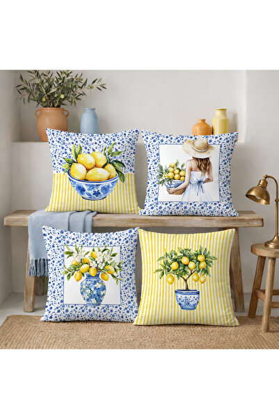 Evmila Lemon Tree and Blue Tile Patterned 4-Piece Luxury Suede Throw Pillow C...