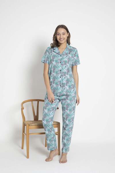 SENFONİ Turkuaz Tropik DesenliKısa Kollu %100 Pamuk Pijama Takımı – Rahat ve ...