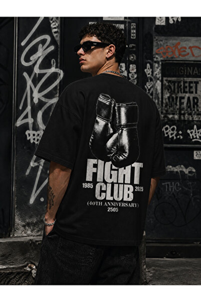 ship master Erkek Bej Oversize Boxing “Fight Club” Baskılı %100 Pamuk Tişört