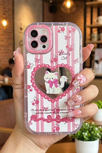 Nezih Case iPhone 11 Pro Uyumlu Premium Pembe Kedi ve Fiyonk Desenli Aynalı T...