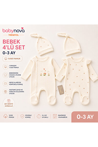 babyist Babynova 0-3 Ay %100 Pamuk 4 Parça Bebek Tulum Seti