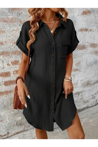 Efnaz style Women's Short Sleeve Collared Button-Front Wrinkled Short Dress