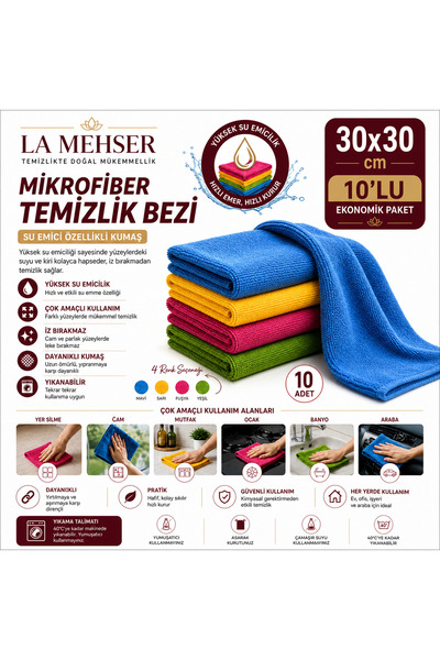 LA MEHSER 10'lu Mikrofiber 30x30 Pratik Çok Amaçlı Temizlik Bezi