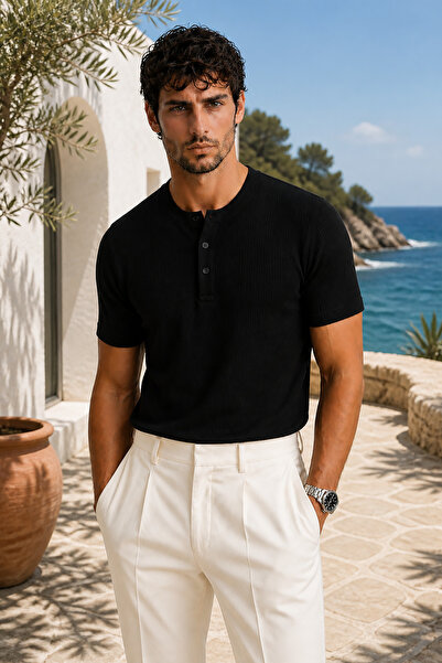 Montivo Men's Black Cotton Ribbed Short Sleeve Henley Slim Fit Buttoned Colla...