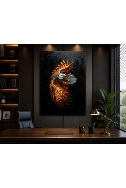 FTRMALZEMECİM Kartal Kanvas Tablo – Altın Detaylı Modern Sanat, Siyah Zemin L...