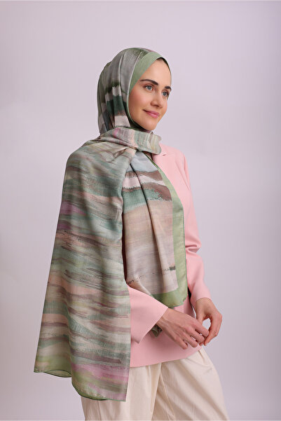 Ayshara Nil Watercolor Patterned Double-Sided Shawl - Aqua Green Beige