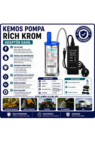 Kemos 220-12 Volt Rich krom Dalgıç Adaptörlü Mazot Aktarma(SIVI TRANSFER) Pompası
