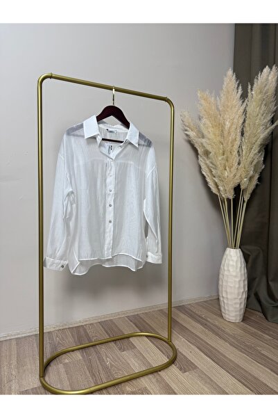 Vizon Collection İpeksi Dokulu Oversize Transparan Beyaz Gömlek