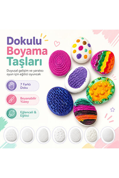 Dokulu Boyama Taşları | 7 adet | Hafif | Duyusal Gelişim Eğitici Boyama Seti | 6'lı Akrilik Boya ve Fırça Hediye