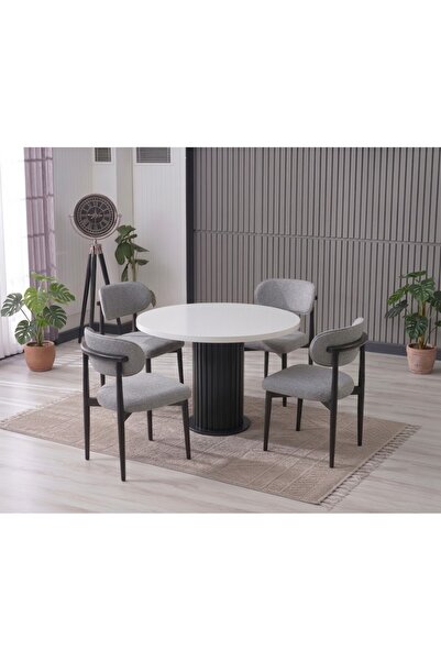 JoyMassa LİNA BOHEM 90x90 BEYAZ/SİYAH YUVARLAK MASA & 4 POLO SANDALYE SETİ