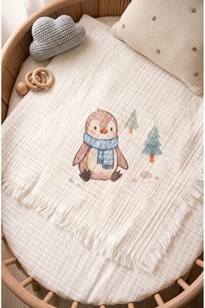 BABYLİM Penguen Baskılı %100 Pamuklu Müslin Bebek Battaniyesi 90x110 cm