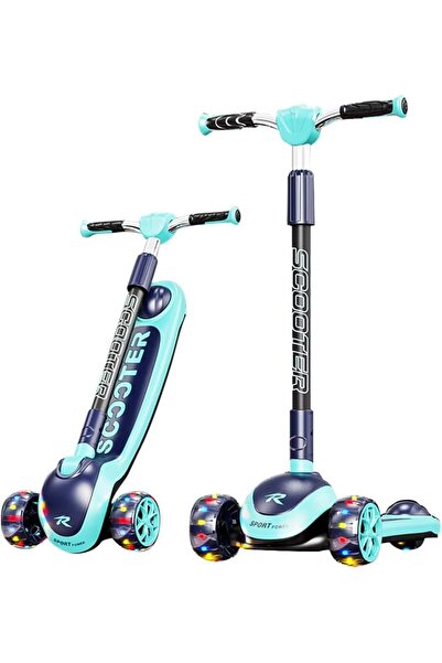 Junios Trotineta cu 3 roti, lumini LED, pliabila, reglabila, 3-18 ani, albastru