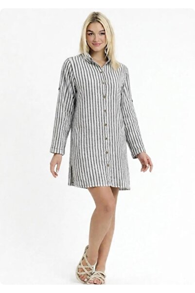 Org Marka Store HEAVEN 1195 MUSLIN CIZGILI DESENLI YAKALI KADIN TUNIK