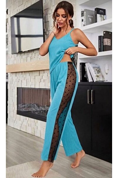 PEMBİŞ HOMEWEAR Ayod Bambu Tül Detaylı Askılı Pijama Takımı MAVİ