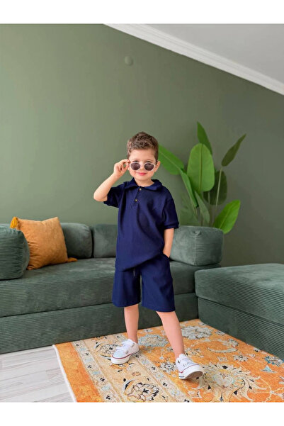 kidstalya Collared and Textured Fabric Boys' Shorts Set - Navy Blue