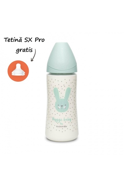 Suavinex Biberon 360 ml cu tetină rotundă din silicon, debit dens, iepuraș ve...