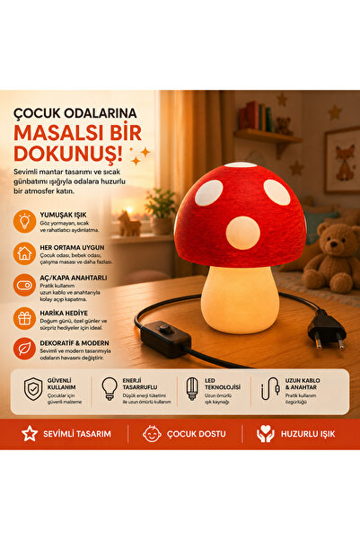 Linia Home Dekoratif Mantar Gece Lambası Çocuk Odası Abajur Günbatımı Işığı L...