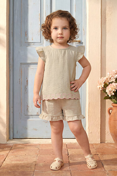 Minipodyum Girl's Top and Bottom Set Summer Ruffle Detailed Heart Embroidered...