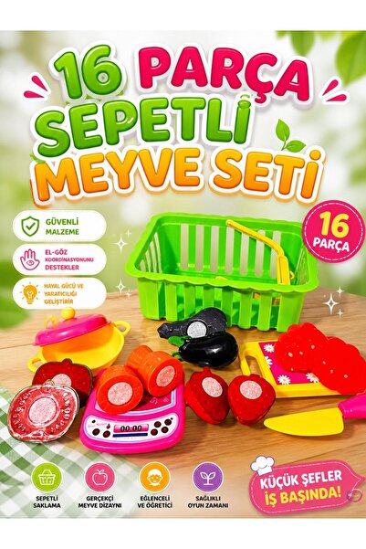 SAZE 16 Parça Sepetli Meyve Kesme Seti Oyuncak Mutfak Seti Eğitici Kesilebili...