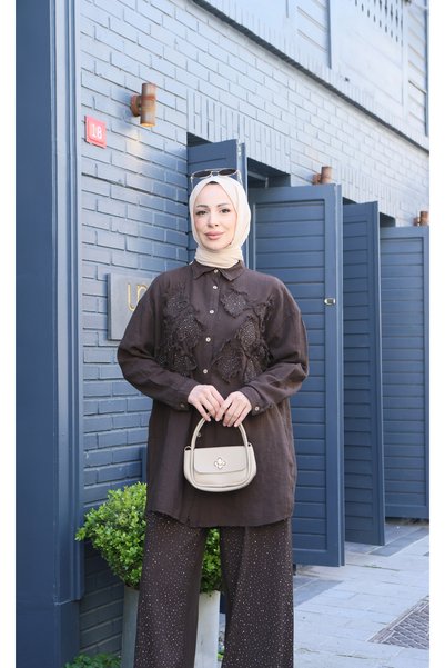 NİSUM MODA Taş Detaylı Pamuk Keten Takım