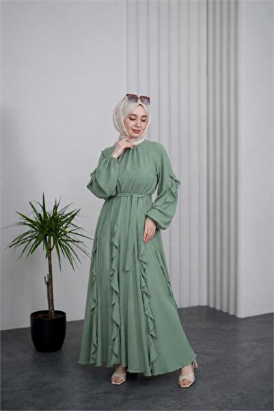Neşeli Butik Γυναικείο καλοκαιρινό φόρεμα υψηλής ποιότητας με βολάν σε πράσιν...