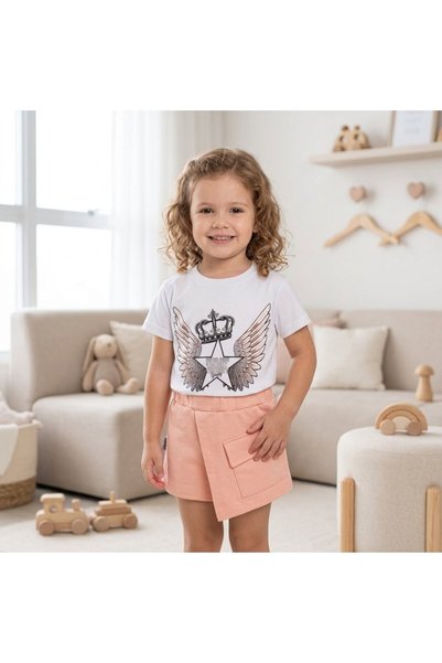 Bulut Sezen Alt Top- Star Printed Combed Cotton Set 2-Piece- Girls-White Pink