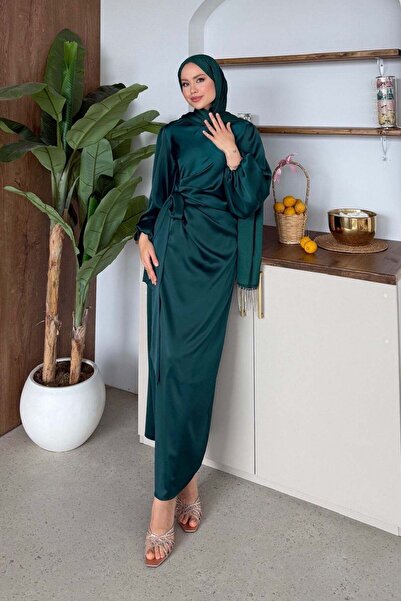 Hazamoda Hasret Satin Evening Dress Emerald