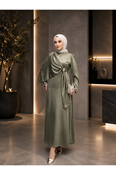 Brnmodest Zahide Taşlı Broşlu Beg Saten Kumaş Tesettür Abiye
