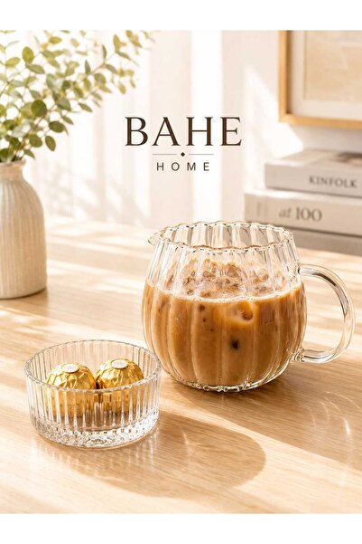 bahe home وعاء تقديم زجاجي ومجموعة أكواب من البوروسيليكات بمقبض شفاف لتقديم ا...
