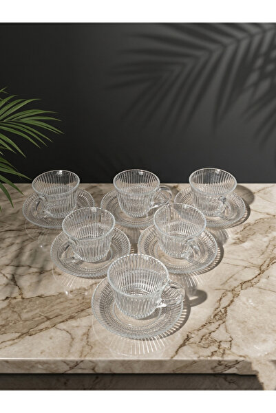 zarifcam Dik Çizgi Desenli Şeffaf Cam Fincan Takımı 12 Parça 6'lı Set – Çay K...
